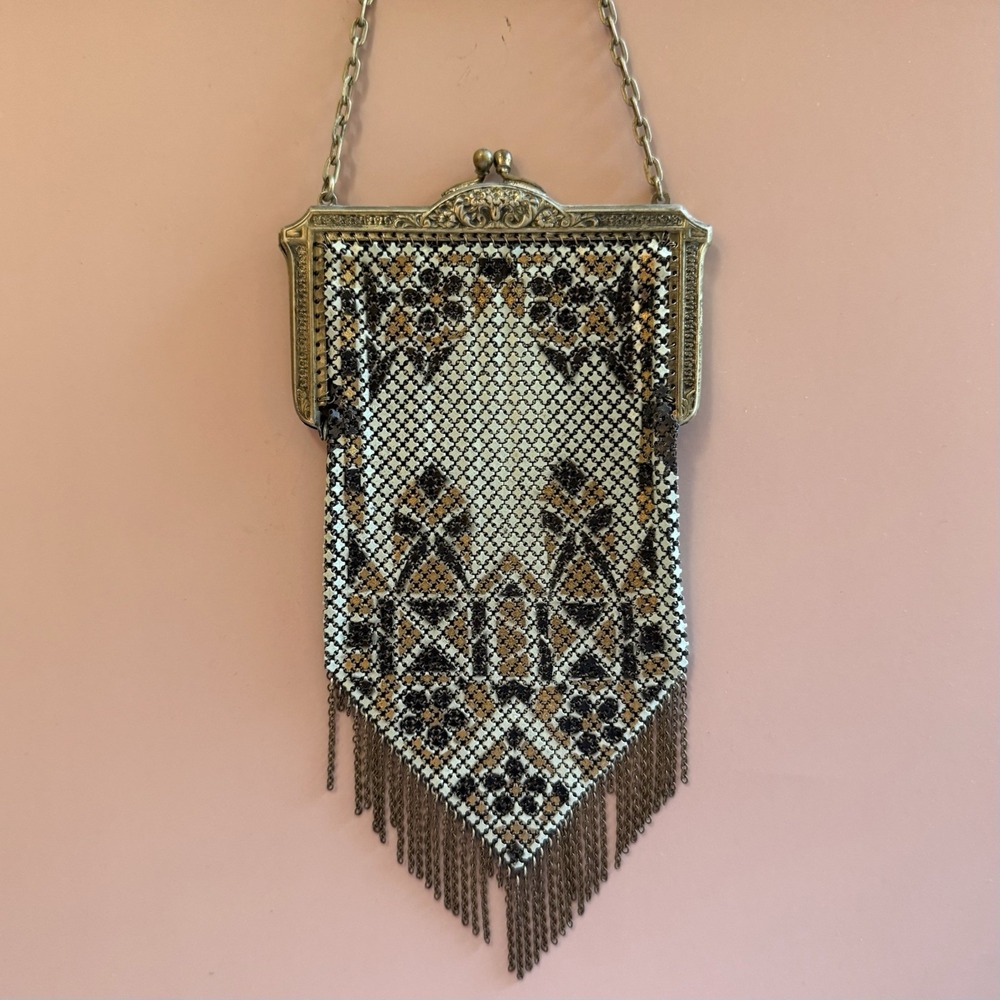 Antique 1920s Mandalian Art Deco Enamel Mesh Flapper Purse Chain Fringe Handbag